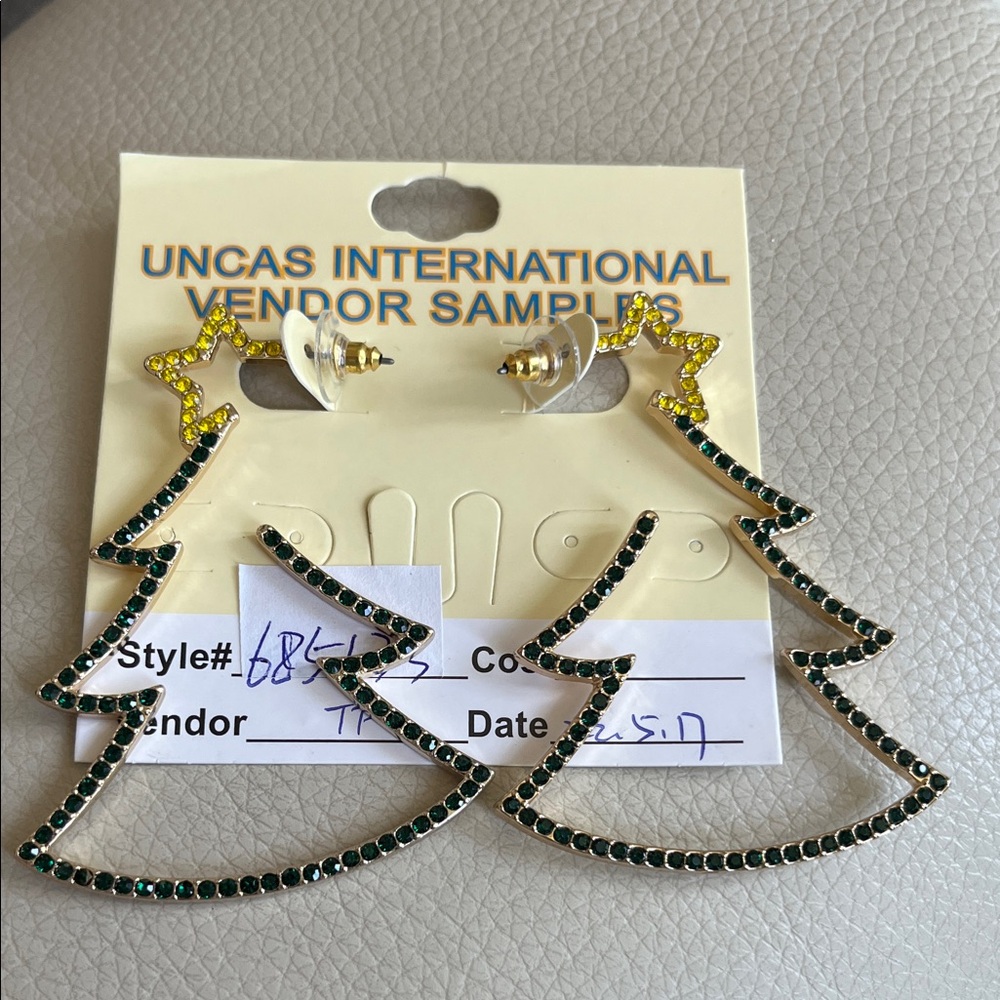 Green and Gold Tree Earrings!  Pierced!  New!  Holiday! Christmas!